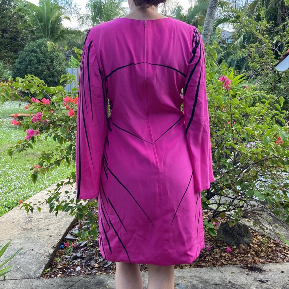Vintage Pink Black Stripe Long Trumpet Boat Neck Sleeve Knee Length Dress! - Picture 6 of 12